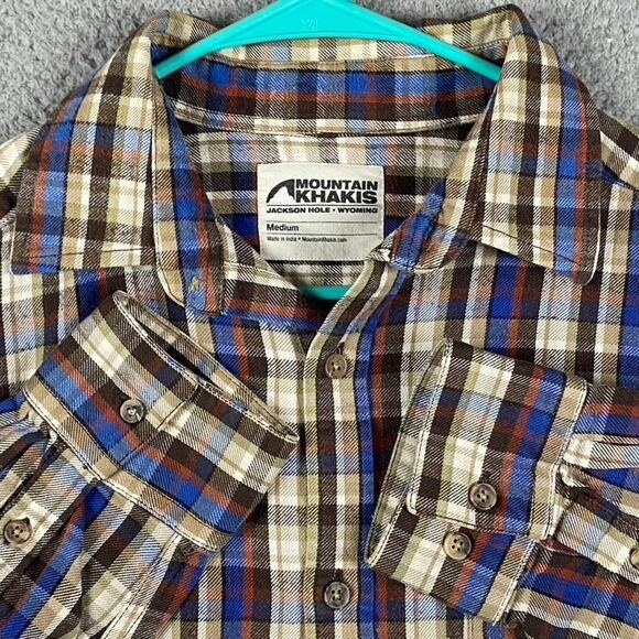 Mountain Khakis Flannel Shirt Men's Medium Plaid Blue Brown Tan Button Up - Picture 1 of 8